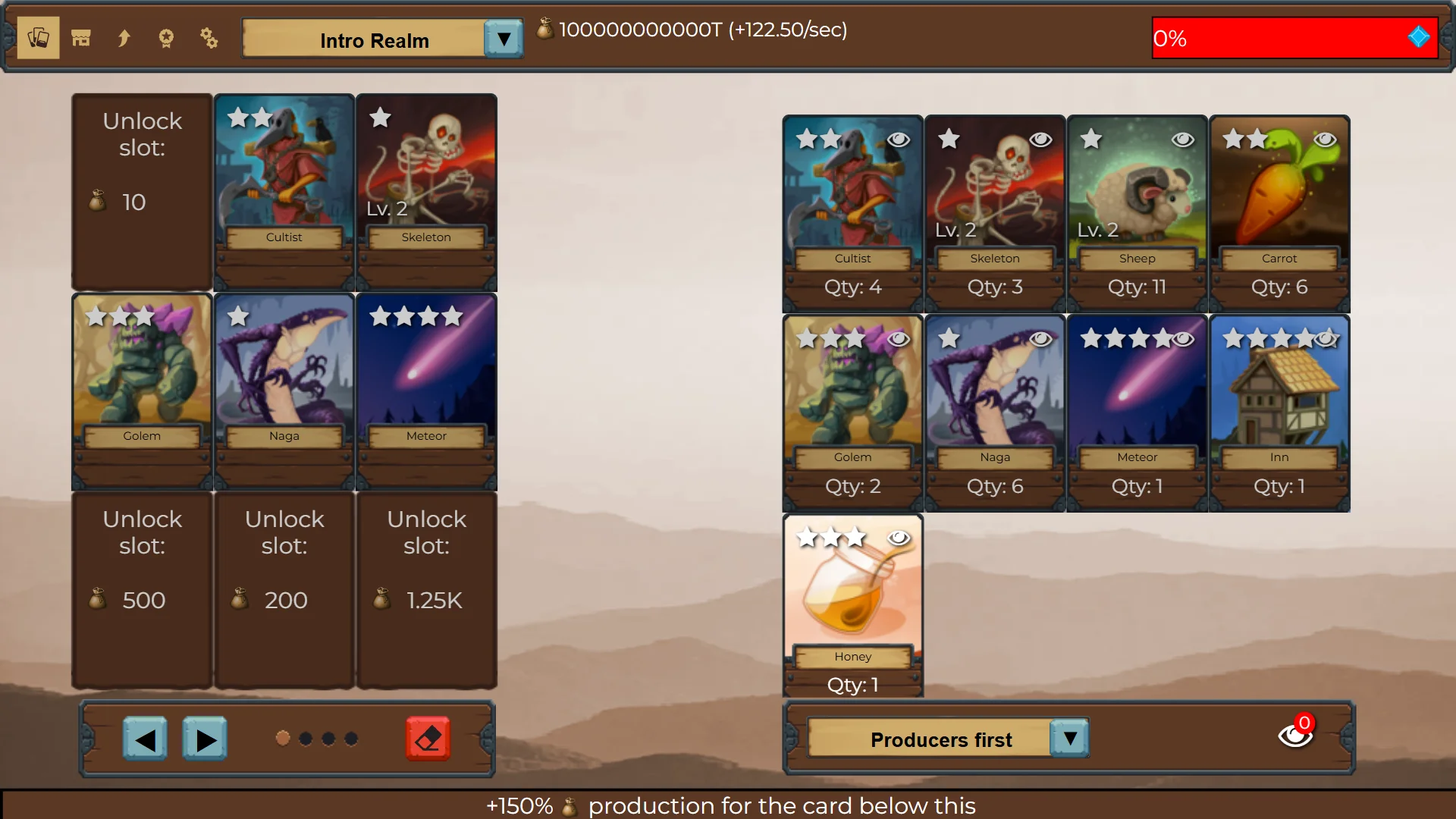 A gameplay screen from Creature Card Idle showing a desert-themed grid with various creature cards like Cultist, Skeleton, and Meteor. Some slots are locked, and resources are shown at the top, emphasizing card placement and strategic resource management.