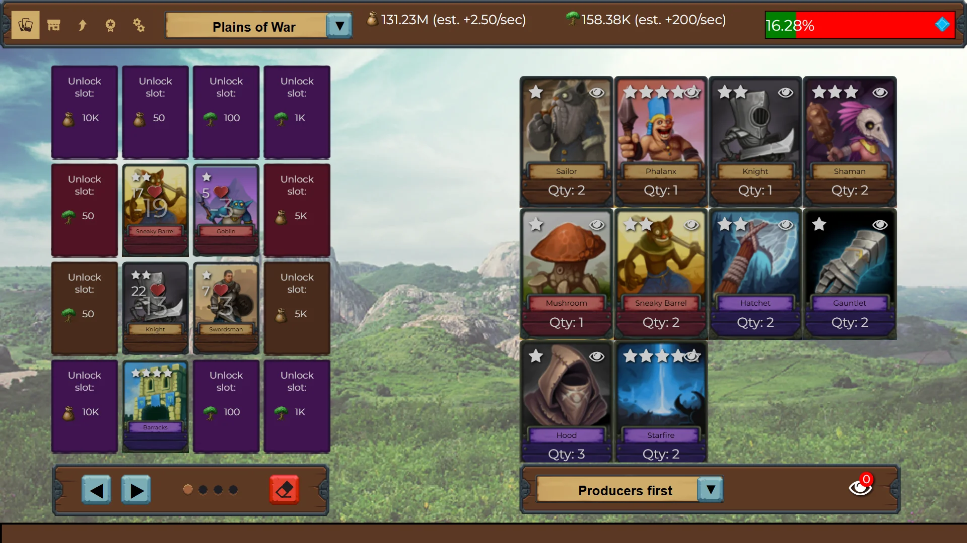 A forest-themed gameplay screen from Creature Card Idle featuring a variety of creature cards, including Sneaky Barrel, Goblin, and Knight. The interface displays unlocked and locked slots, resource counts, and the card's effects on resource generation.