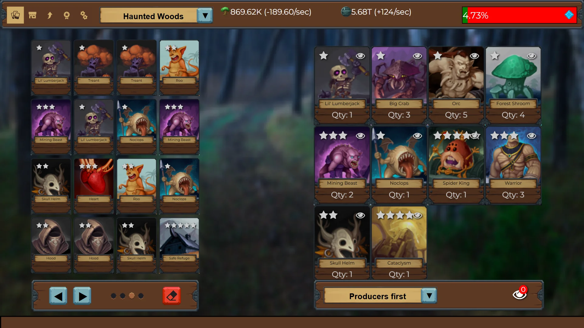 A spooky, haunted-forest-themed gameplay screen from Creature Card Idle showing cards like Lil' Lumberjack, Mining Beast, and Skull Helm. The interface highlights the strategic card placement system with visible grid slots and resource counters.